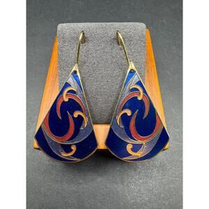VINTAGE MEOW Cloisonné Enamel Multicolor Art Deco Fan Gold Tone Drop Earrings